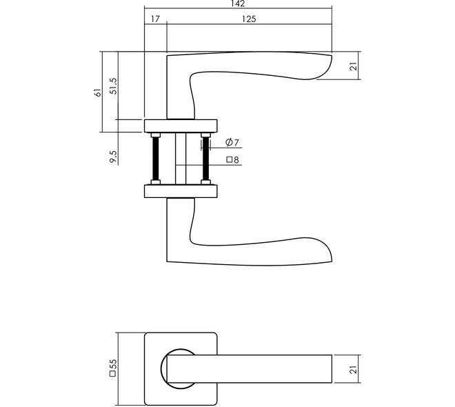 Gatdeel rechts Minos op rozet verdekt 55x55x10mm met nokken zwart