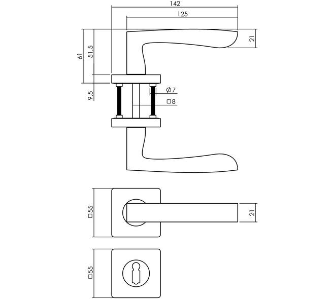 Deurkruk Minos op rozet verdekt 55x55x10mm met nokken en sleutelrozetten zwart