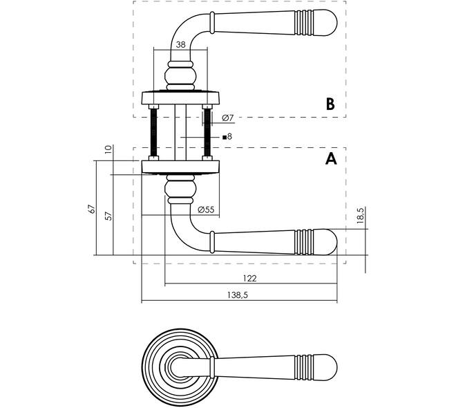 Gatdeel links Helena op rozet verdekt met rillen ø55x10mm met nokken zwart