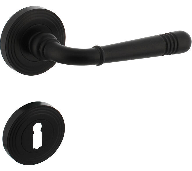 Deurkruk Helena op rozet verdekt met rillen ø55x10mm met nokken en sleutelrozetten zwart