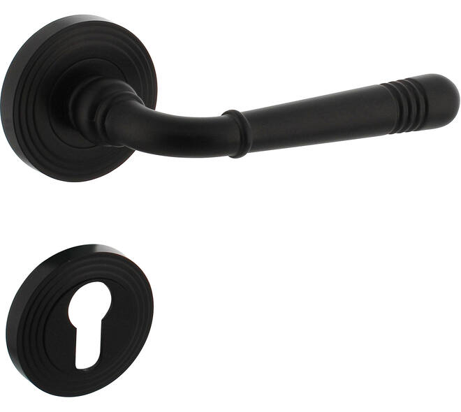 Deurkruk Helena op rozet verdekt met rillen ø55x10mm met nokken en cilinderrozetten zwart