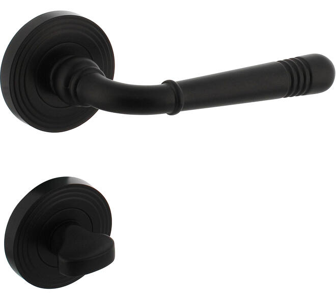 Deurkruk Helena op rozet verdekt met rillen ø55x10mm met nokken en WC-sluiting met stift 8x8mm zwart