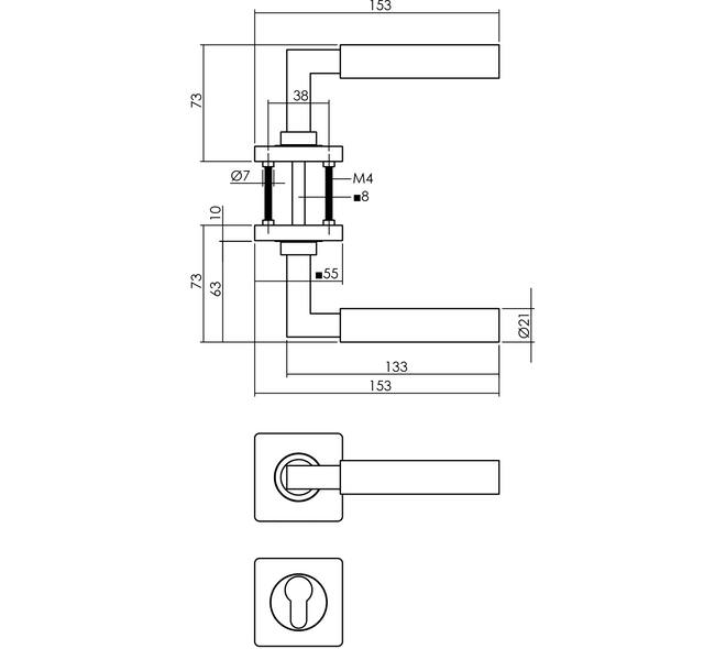 Deurkruk Baustil op rozet verdekt 55x55x10mm met nokken en cilinderrozetten zwart