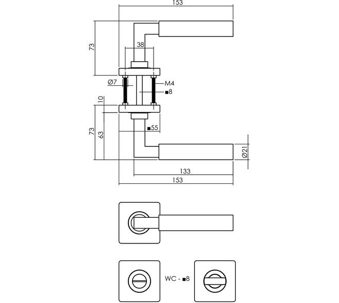 Deurkruk Baustil op rozet verdekt 55x55x10mm met nokken en WC-sluiting met stift 8x8mm zwart