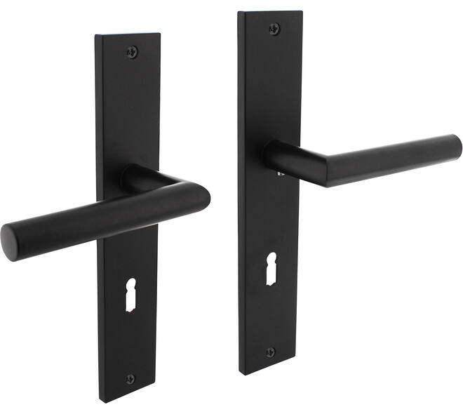 Deurkruk Bastian op schild rechthoekig 245x45mm sleutelgat 72mm zwart
