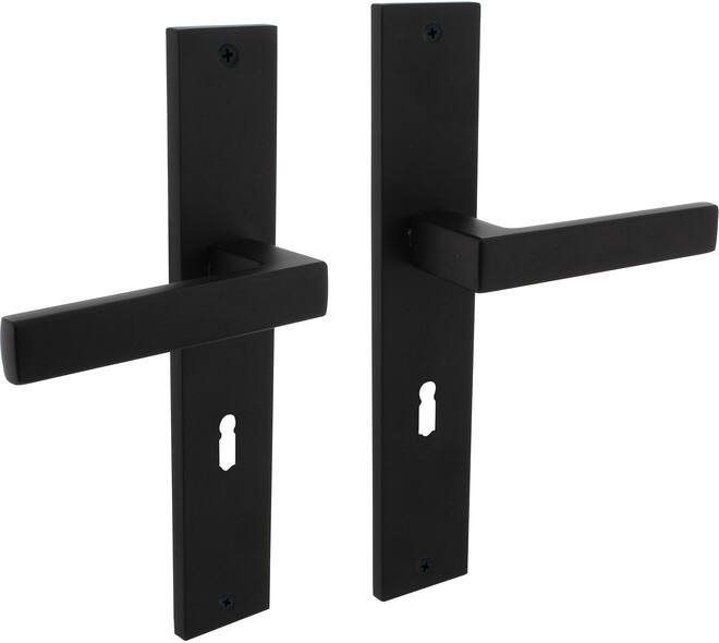 Deurkruk Hera op schild rechthoekig 245x45mm sleutelgat 56mm zwart