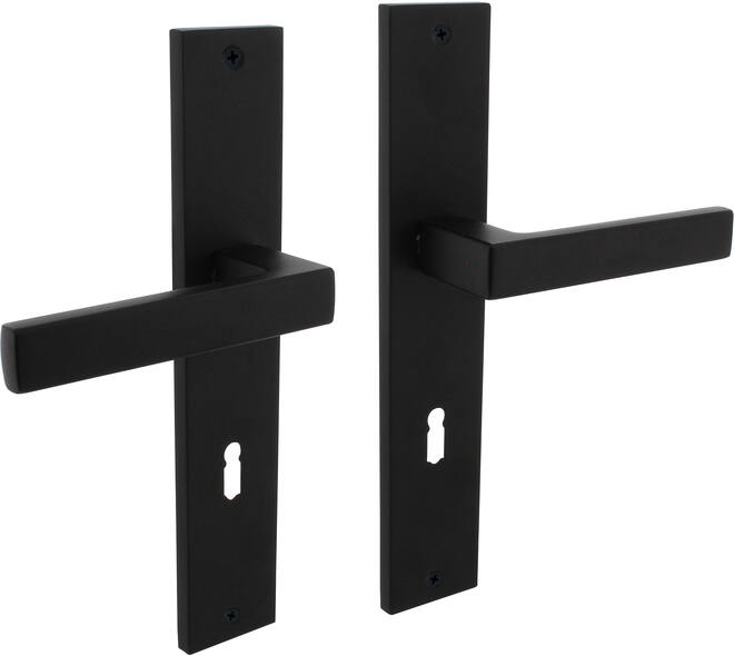 Deurkruk Hera op schild rechthoekig 245x45mm sleutelgat 72mm zwart