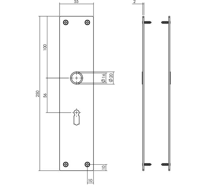 Schilden rechthoekig 250x55x2mm sleutelgat 56mm structuur zwart