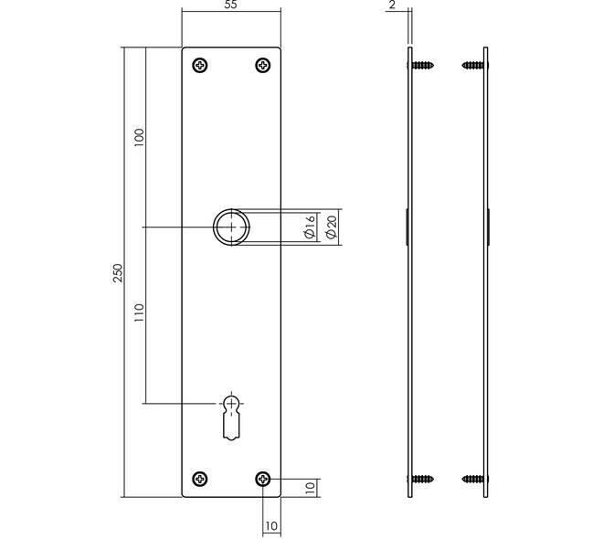 Schilden rechthoekig 250x55x2mm sleutelgat 110mm structuur zwart