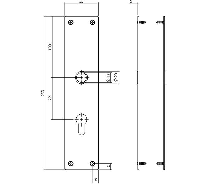 Schilden rechthoekig 250x55x2mm profielcilindergat 72mm structuur zwart