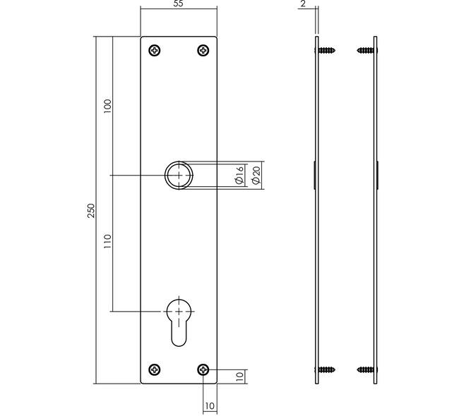 Schilden rechthoekig 250x55x2mm profielcilindergat 110mm structuur zwart