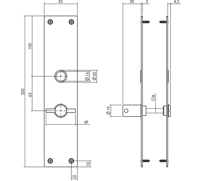 Schilden rechthoekig 250x55x2mm wc 63/8mm structuur zwart