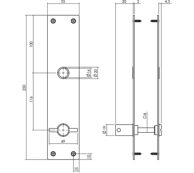 Schilden rechthoekig 250x55x2mm wc 116/8mm structuur zwart