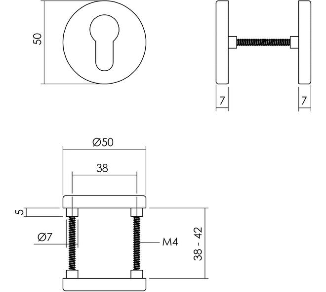 Cilinderrozetten verdekt ø50x7mm met nokken zwart