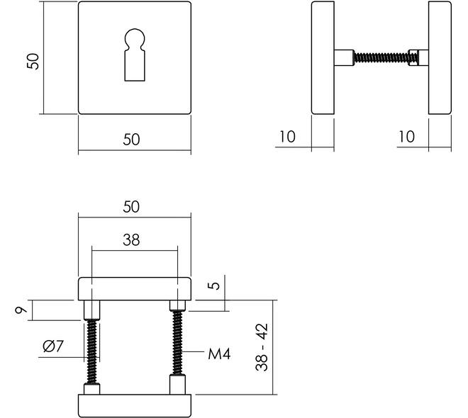 Sleutelrozetten verdekt 50x50x10mm met nokken zwart