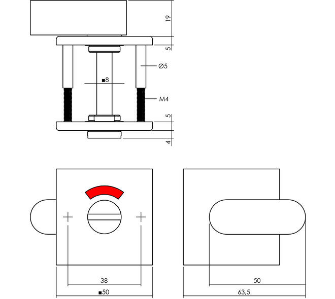WC-sluiting verdekt 50x50x5mm met comfortknop en stift 8x8mm structuur zwart