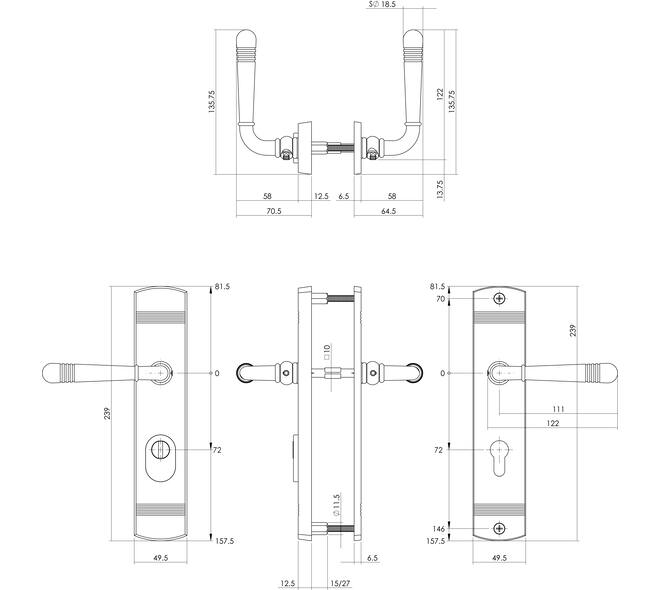 Achterdeurbeslag Helena 239x50mm kruk/kruk profielcilindergat 72mm met kerntrekbeveiliging zwart