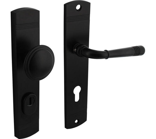 Voordeurbeslag Helena 239x50mm knop/kruk profielcilindergat 72mm met kerntrekbeveiliging zwart
