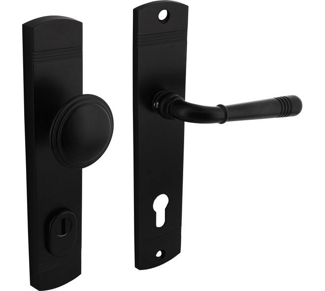 Voordeurbeslag Helena 239x50mm knop/kruk profielcilindergat 92mm met kerntrekbeveiliging zwart