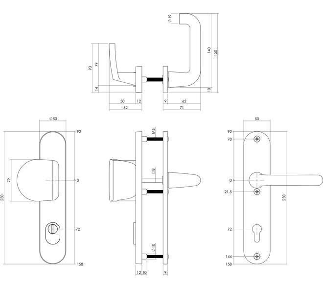 SKG3 veiligheidsbeslag ovaal 250x50mm greep/kruk Rond met veerconstructie profielcilindergat 72mm met kerntrekbeveiliging zwart