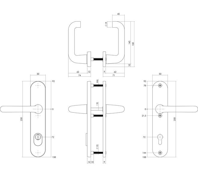 SKG3 veiligheidsbeslag ovaal 250x50mm kruk/kruk Rond met veerconstructie profielcilindergat 72mm met kerntrekbeveiliging zwart