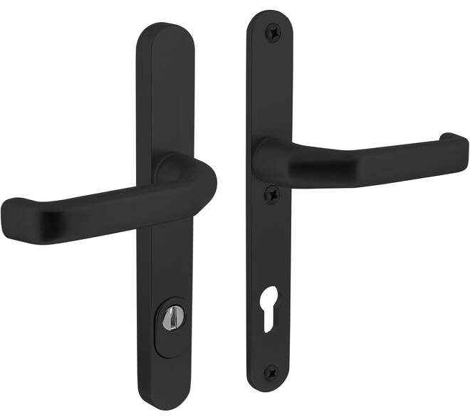 SKG3 veiligheidsbeslag ovaal smal 250x35mm kruk/kruk Verkropt met veerconstructie profielcilindergat 92mm met kerntrekbeveiliging zwart