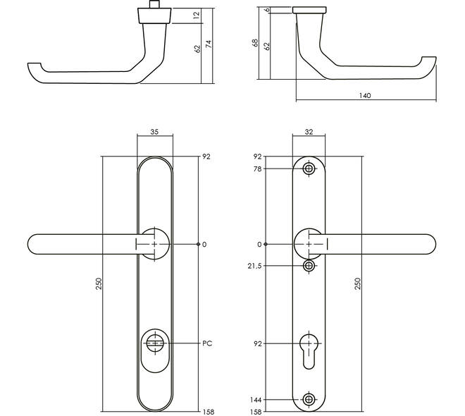 SKG3 veiligheidsbeslag ovaal smal 250x35mm kruk/kruk Verkropt met veerconstructie profielcilindergat 92mm met kerntrekbeveiliging zwart