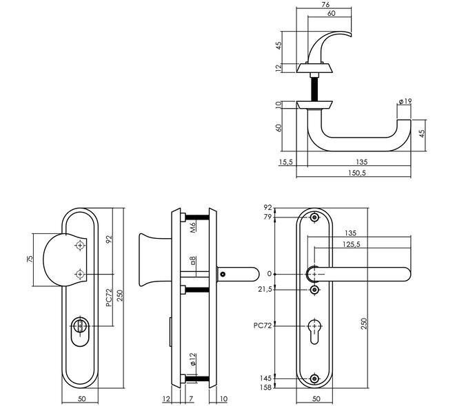 SKG3 veiligheidsbeslag ovaal 250x50mm greep/kruk Rond profielcilindergat 72mm met kerntrekbeveiliging structuur zwart