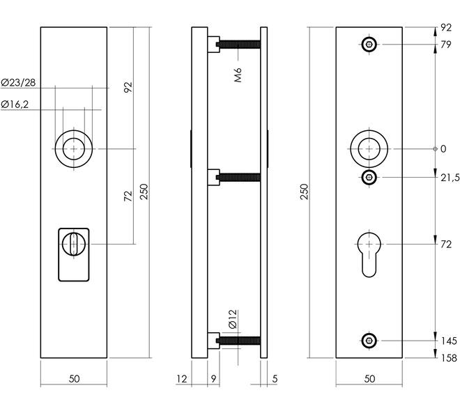 SKG3 veiligheidsschilden rechthoekig 250x50mm profielcilindergat 72mm met kerntrekbeveiliging structuur zwart
