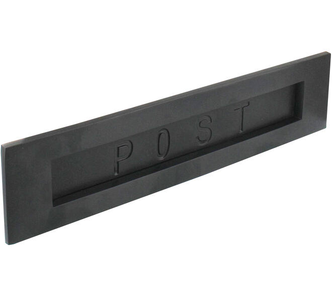 Briefplaat rechthoekig 330x77mm met verende klep binnendraaiend met tekst "POST" zwart