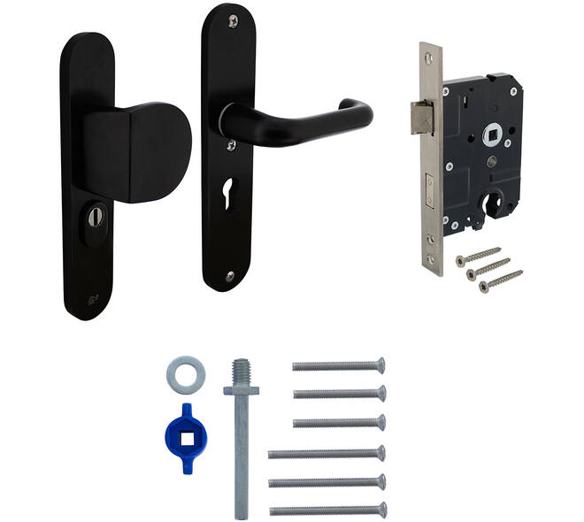 Set voordeurbeslag ovaal: SKG3 veiligheidsbeslag ovaal 250x50mm greep/kruk kt55 met SKG2 slot 55pc aluminium zwart