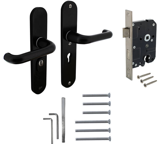 Set achterdeurbeslag ovaal: SKG3 veiligheidsbeslag ovaal 250x50mm kruk/kruk kt55 met SKG2 slot 55pc aluminium zwart