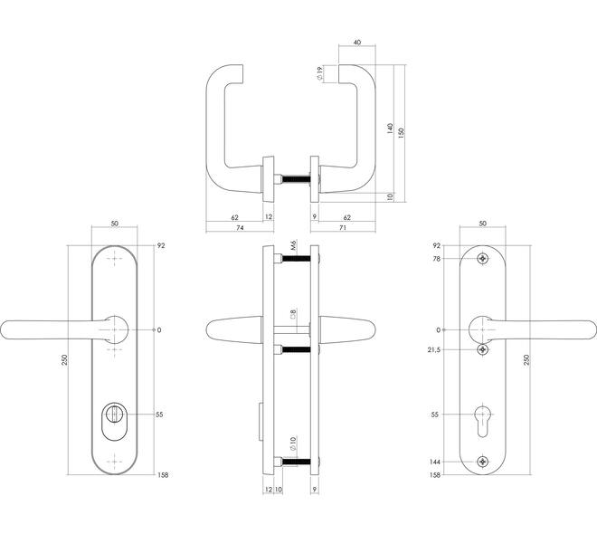 Set achterdeurbeslag ovaal: SKG3 veiligheidsbeslag ovaal 250x50mm kruk/kruk kt55 met SKG2 slot 55pc aluminium zwart