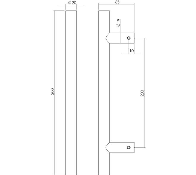 Deurgreep T-vorm 300x65x20mm hart op hart 200mm structuur zwart