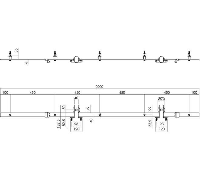 Schuifdeursysteem 2x1 meter met hangrollen recht top 130mm zwart