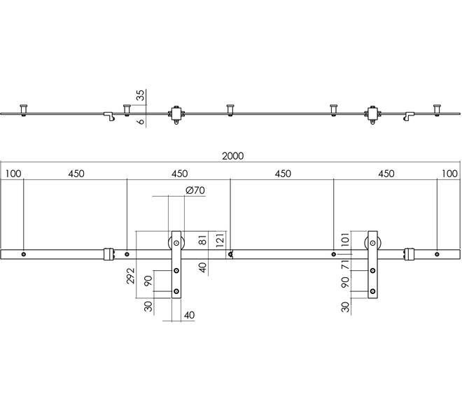 Schuifdeursysteem 2x1 meter met hangrollen recht 290mm zwart