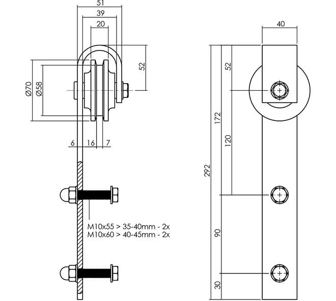 Set van 2 rollers recht 290mm tbv schuifdeursysteem 450101 inclusief bevestiging zwart