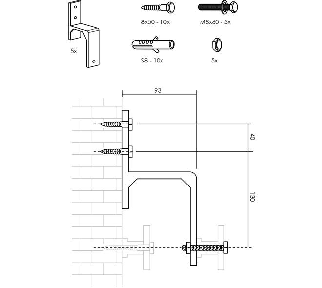 Set van 5 wandsteunen tbv parallel geplaatste schuifdeuren zwart