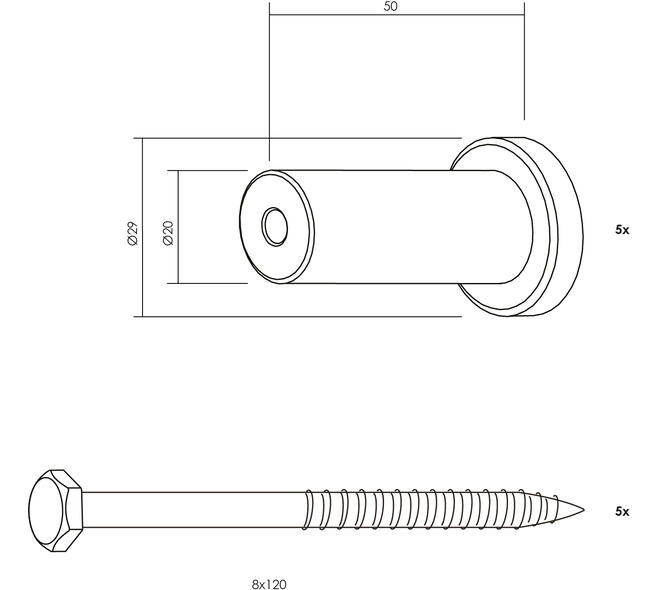 Set van 5 verlengde ronde steunen 50mm tbv schuifdeurrail zwart