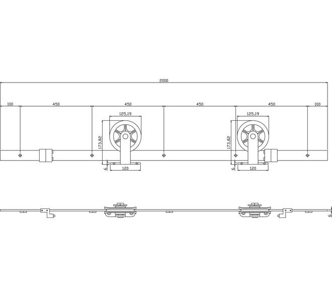 Schuifdeursysteem 2x1 meter met hangrollen spaakwiel top 170mm zwart