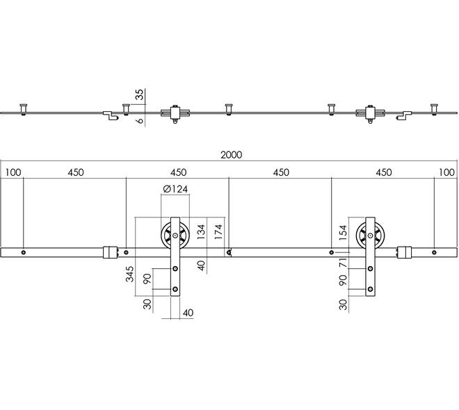 Schuifdeursysteem 2x1 meter met hangrollen spaakwiel 340mm zwart