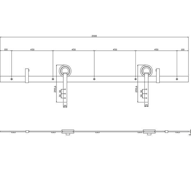 Schuifdeursysteem 2x1 meter met hangrollen open wiel 255mm zwart