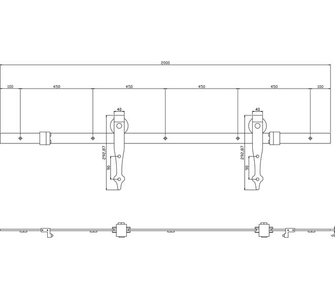 Schuifdeursysteem 2x1 meter met hangrollen pijlvorm 290mm zwart