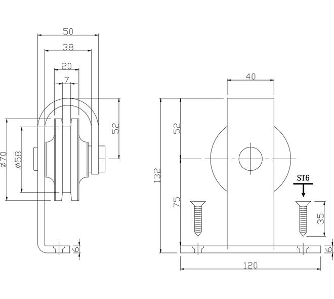 Set van 2 rollers recht top 130mm tbv schuifdeursysteem 450100 inclusief bevestiging zwart