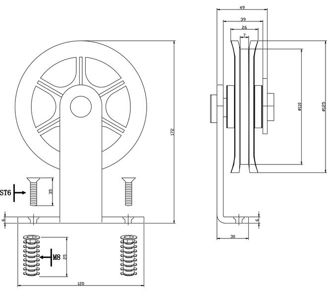 Set van 2 rollers spaakwiel top 170mm tbv schuifdeursysteem 450120 inclusief bevestiging zwart