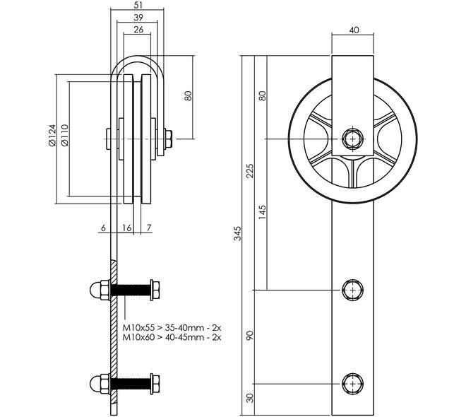 Set van 2 rollers spaakwiel 340mm tbv schuifdeursysteem 450121 inclusief bevestiging zwart