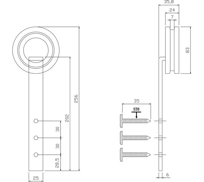 Set van 2 rollers open wiel 255mm tbv schuifdeursysteem 450123 inclusief bevestiging zwart