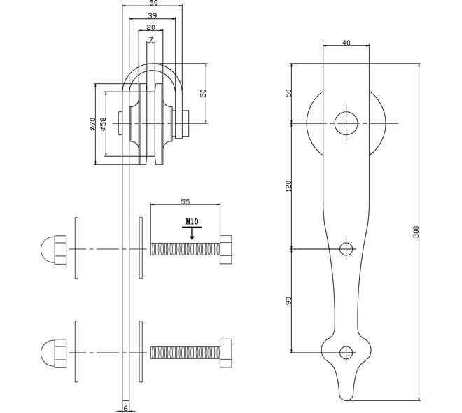 Set van 2 rollers pijlvorm 290mm tbv schuifdeursysteem 450124 inclusief bevestiging zwart
