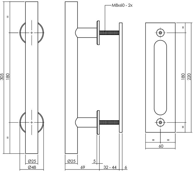 Deurgreep T-vorm ø25x305mm met schuifdeurkom 220x60mm zwart