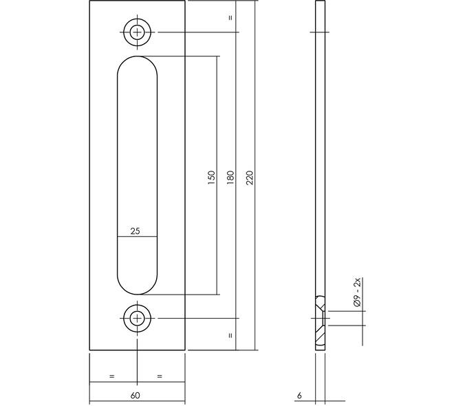 Schuifdeurkom rechthoekig opschroevend 220x60x6mm zwart